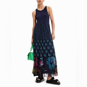 New Desigual Long Combination Tulle Dress In Navy sz large